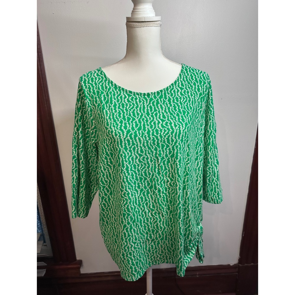 Belle by Kim Gravel Green White Patterned Side Tie 3/4 Sleeve Top 1X
